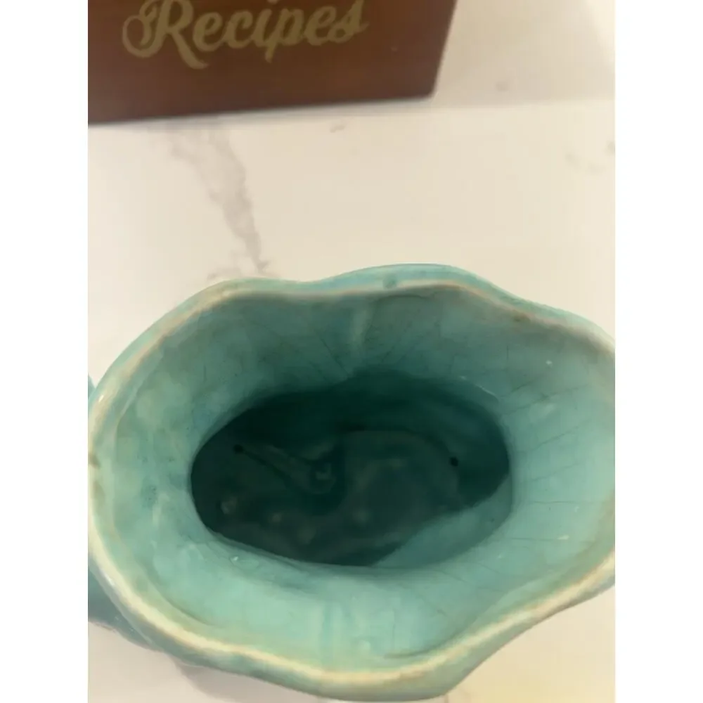 Vintage USA‎ Pottery Blue Ceramic Shoe With Dog Planter With Bow